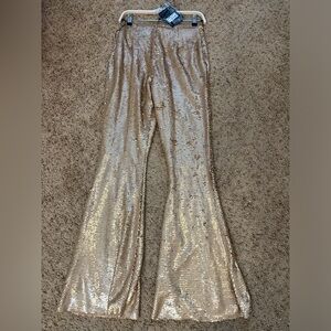 Rose gold, sequin flare pants peace + love size 6 UK 10 10B NWT